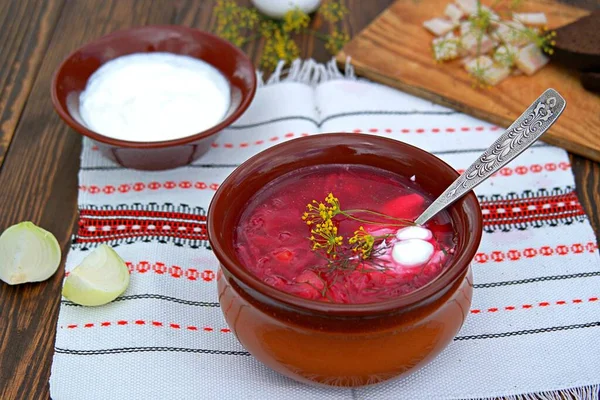 Borscht Hot Soup Beets Cabbage Carrots Clay Bowl Served Sour — Stock Photo, Image