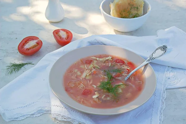 Borsch Sul Sem Beterraba Sopa Quente Com Tomates Repolho Pimentão — Fotografia de Stock