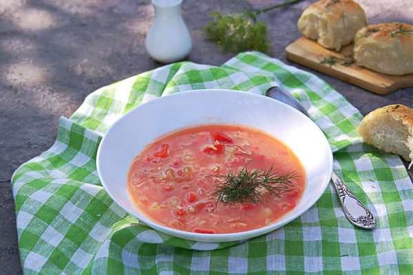 Borsch Del Sud Senza Barbabietola Minestra Calda Con Pomodori Cavolo — Foto Stock