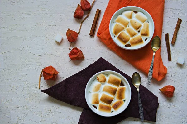 Tradiční Jídlo Díkůvzdání Sladké Brambory Marshmallows Porcované Podobě Lehkém Betonovém — Stock fotografie