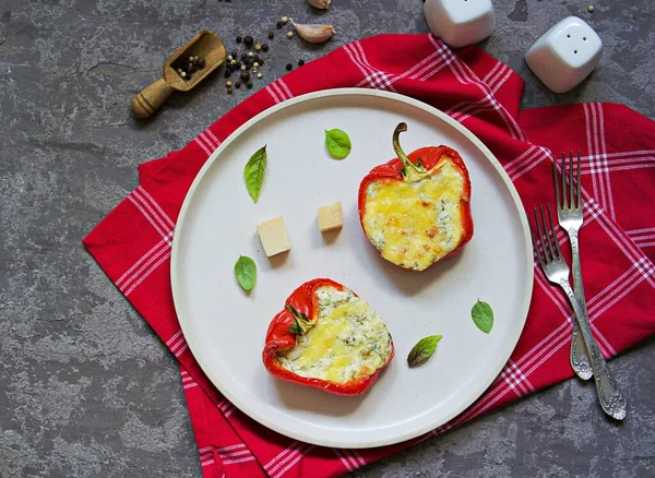 Baked Sweet Red Pepper Stuffed Cottage Cheese Mozzarella White Plate — Stock Photo, Image