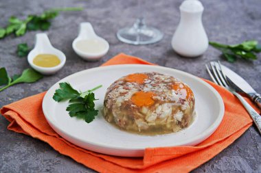 Soğuk aperatif, porsiyonlu domuz eti, sığır eti ve tavuk gri beton arka planda beyaz bir tabakta. Yılbaşı için bayram atıştırmalıkları. Rus mutfağı. Seçici odak.