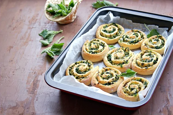 Twisted Homemade Yeast Buns Nettles Green Onions Cheese Egg Copy — Stock Photo, Image