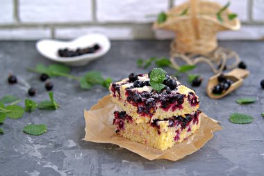 Mısır unu ve siyah frenk üzümlü tatlı dilimlenmiş kek. Taze nane, pudra şekeri ve donmuş siyah frenk üzümü meyveleriyle süslenmiş..