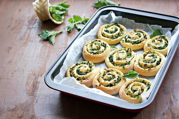 Twisted Homemade Yeast Buns Nettles Green Onions Cheese Egg Copy — Stock Photo, Image