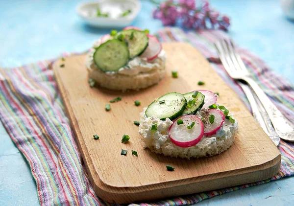 Weißbrotsandwiches Mit Gesalzenem Quark Frischem Rettich Und Gurken Auf Hellblauem — Stockfoto