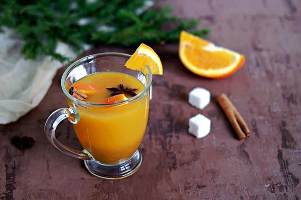 Hot Sea Buckthorn Tea Orange Cinnamon Glass Mug Brown Background — Stock Photo, Image