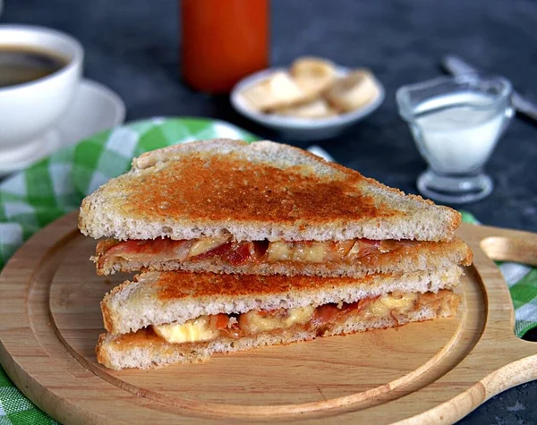 Sandwiches Peanut Butter Banana Fried Bacon Wooden Board — Stock Photo, Image