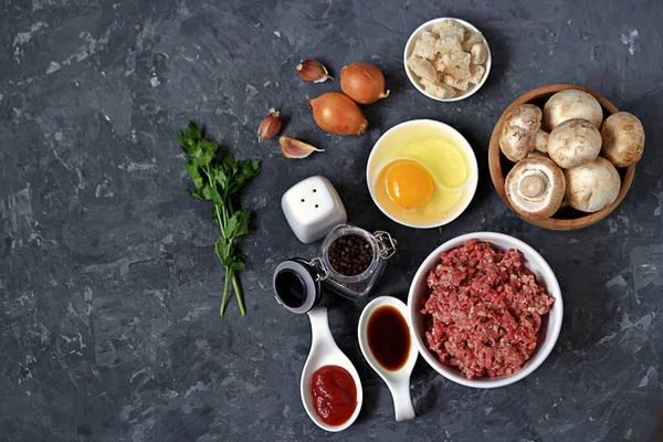 Ingredientes Para Cozinhar Rolo Carne Vista Superior Espaço Cópia — Fotografia de Stock