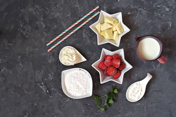 Ingredients for the preparation of a dessert or drink . Top view, copy space