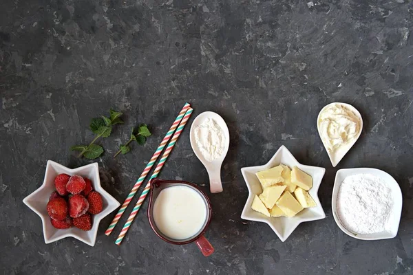 Ingredients for the preparation of a dessert or drink . Top view, copy space