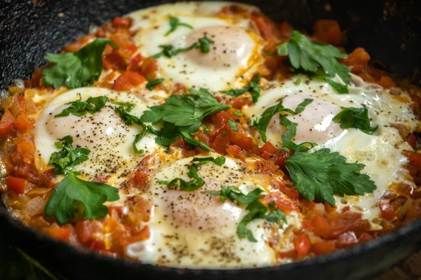 Tava Fierbinte Din Israel Amestecat Ouă Shakshuka — Fotografie, imagine de stoc