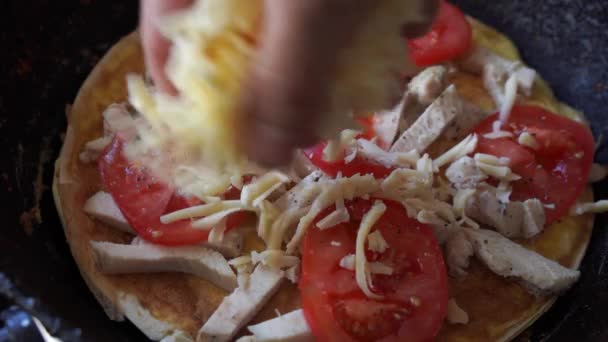 Adding Cheese While Preparing Pizza Tomatoes Frying Pan — Stock Video