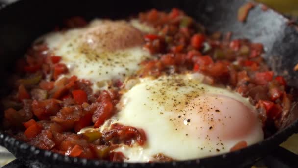 おいしいイスラエルのスクランブルエッグを作るフライパンに全粒黒パンとShakshuka — ストック動画