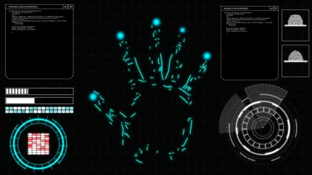 Hud Elementos Monitor Computador Com Digitalização Manual Impressões Digitais Uma — Vídeo de Stock