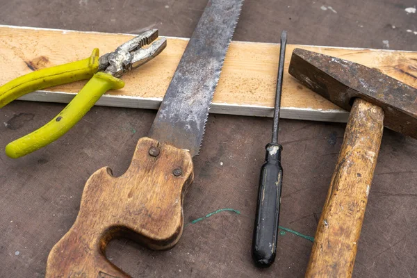 Set Old Rusty Tools Repair Table Saw Hammer Screwdriver Pliers — Stock Photo, Image