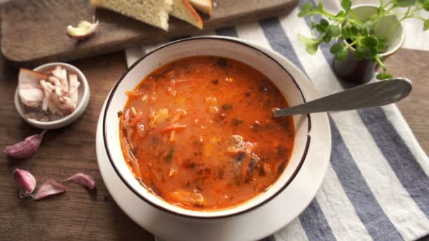 Ukrainian Russian National Tomato Beetroot Soup Sour Cream Borscht — стокове відео