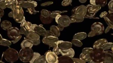 Altın kumarhane fişleri siyah arka planda, poker oyununda, kumar konseptinde tepeden düşer.