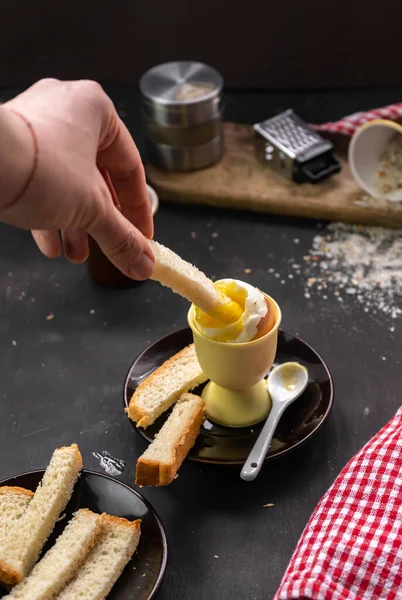 Micul Dejun Rustic Simplu Fiert Moale Într Ceașcă Specială Pâine — Fotografie, imagine de stoc