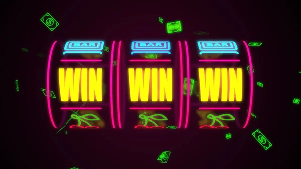 neon casino slot machine spinning, money flying after win combination