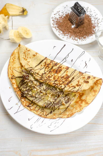 Homemade Thin Pancakes Made Oat Flour Banana Chocolate Nuts Healthy — Stock Photo, Image