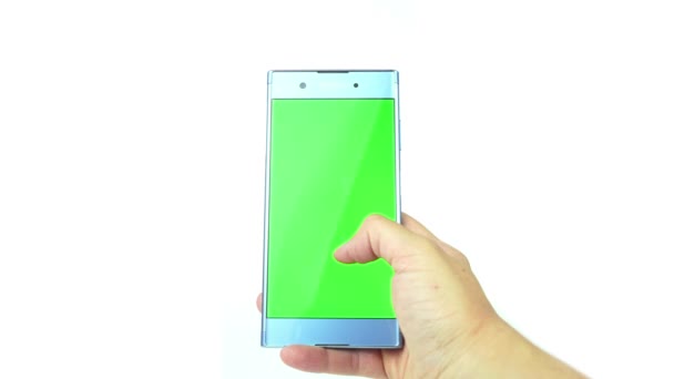 Tela Rolagem Pessoa Smartphone Telefone Tela Verde Fundo Branco Com — Vídeo de Stock