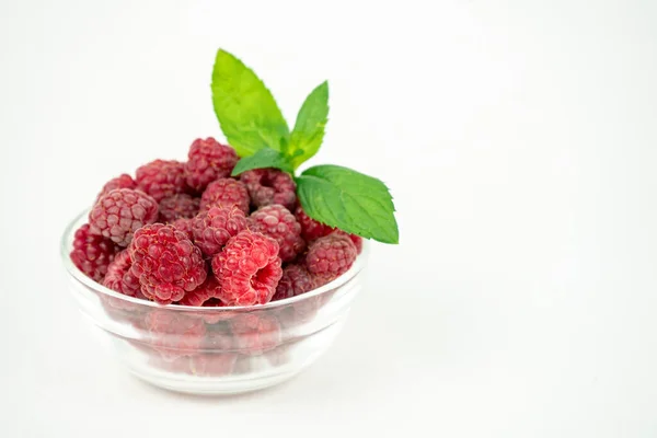 Fresh Ripe Raspberry Glass Transparent Bowl White Background — Stock Photo, Image