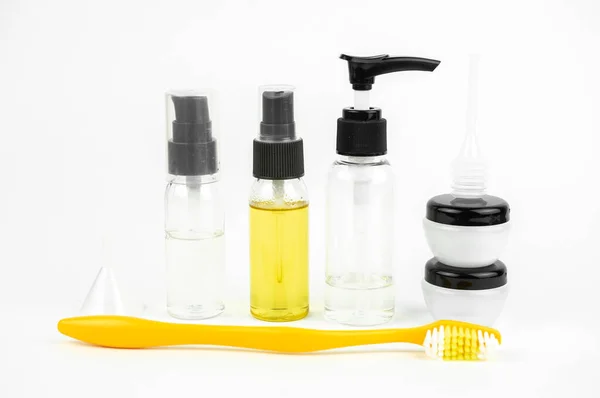 Toiletries Necessaries Set Small Bottles Traveling — Stock Photo, Image