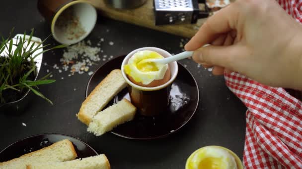 特別な卵カップとトーストパンにゆで卵とシンプルな素朴な朝食 クラッカーの作品と黄色の柔らかい黄身 — ストック動画