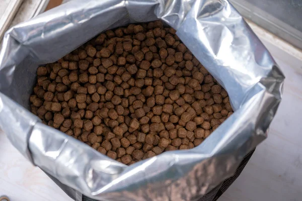 Plastik torbada kuru köpek maması, orta boy köpekler için hayvan yemi.