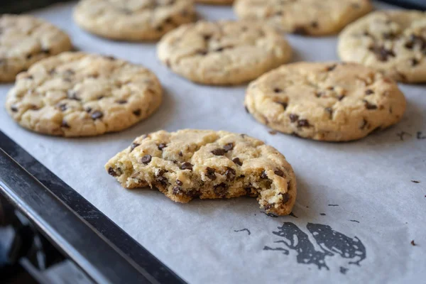 Fresh Baked Classic Chocolate Chip Cookies Nuts Oven Tray — Stock Photo, Image