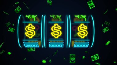 Neon kumarhane kumar makinesi dönüyor, para peşpeşe uçuyor dolar işaretiyle birleşiyor