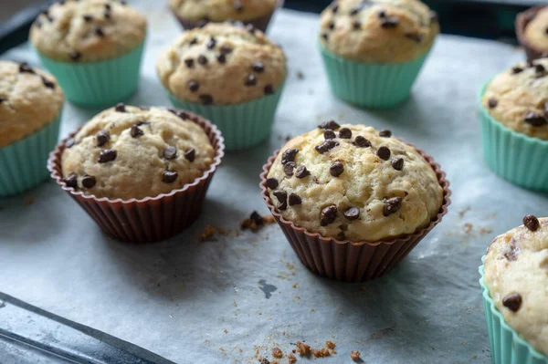 Magdalenas Frescas Plátano Con Chispas Chocolate Horneadas Moldes Silicona —  Fotos de Stock