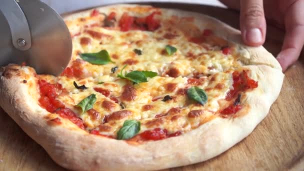 Corte Clásico Margherita Pizza Con Mozzarella Albahaca Cocinar Pizza Napolitana — Vídeos de Stock