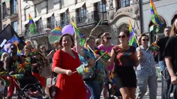 Sweden Stockholm August 2019 Happy Dancing People Rainbow Clothes Flags — Stock Video