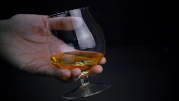 Slow Motion Footage Cognac Whiskey Glass Alcohol Tasting Glass Golden — Stock Video