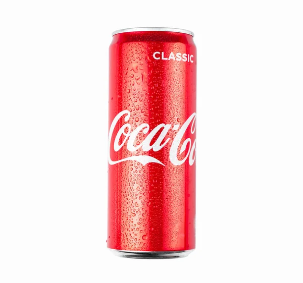 Coca Cola Metalen Blik Met Waterdruppels — Stockfoto