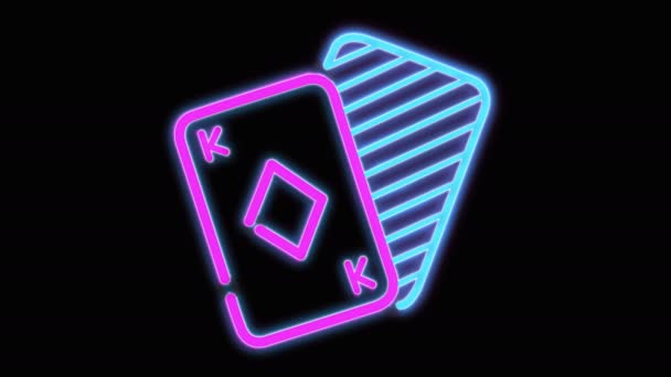Spela Kort Neon Ikon Animation Svart Bakgrund Spel Och Kasino — Stockvideo