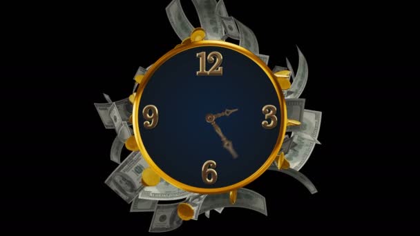 時間は金の概念 時計の針と金の飛行 ドルの通貨と黒い背景のコインです — ストック動画