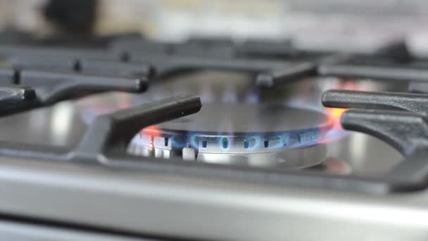 人们用电点火系统打开煤气炉 不锈钢 不锈钢 数字显示 有火的燃气燃烧器 — 图库视频影像