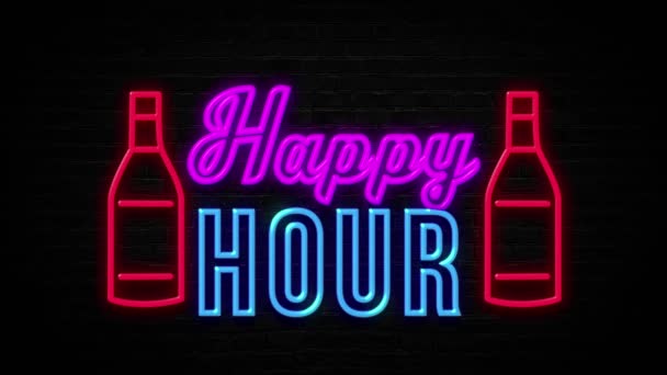 Happy Hour Enseigne Néon Avec Bouteilles Bière Sur Mur Briques — Video