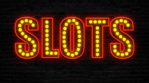 Slots Teken Met Oranje Lampen Zwarte Bakstenen Achtergrond Gokken Retro — Stockfoto
