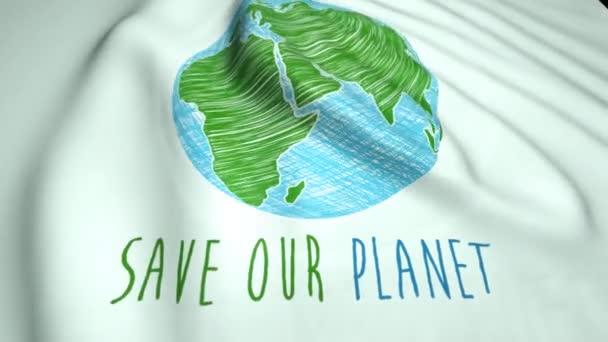 Klottra Jord Ritning Spara Vår Planet Text Viftande Flagga Miljöfrågor — Stockvideo
