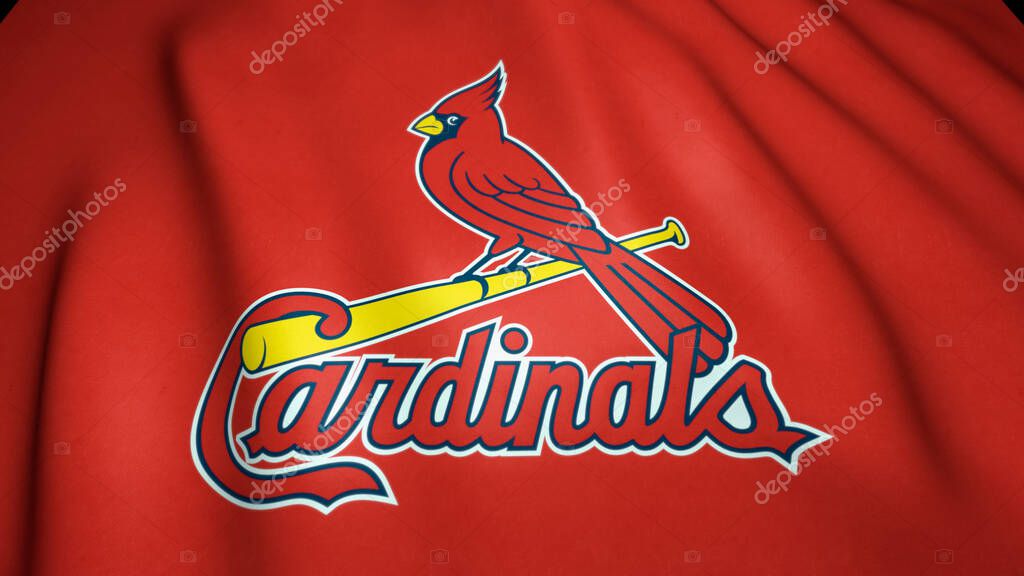 Waving red flag with St. Louis Cardinals baseball team logo, 3d illustration.
