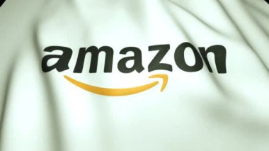 Amazon Online Shop amblemi olan beyaz bayrak sallıyor, siyah turuncu logo, 4k, döngü animasyonu.