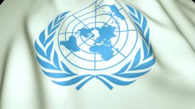 Birleşmiş Milletler amblemi, mavi logo, 4k, döngü animasyonu olan beyaz bayrak sallıyor..