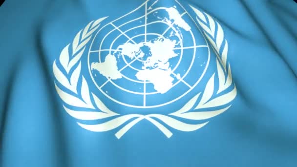 Ondeando Bandera Azul Con Emblema Las Naciones Unidas Logotipo Blanco — Vídeo de stock