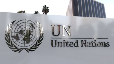 Metal United Nation emblem on a building facade, UN logo clipart