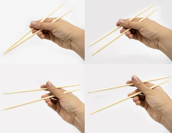 用筷子 竹子筷子当亚洲菜的女人 — 图库照片