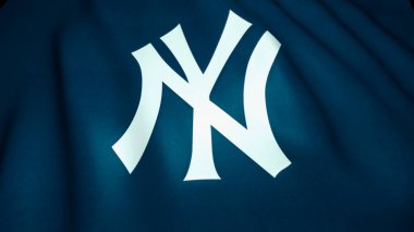New York Yankees amblemi taşıyan mavi bayrak, 3D illüstrasyon.